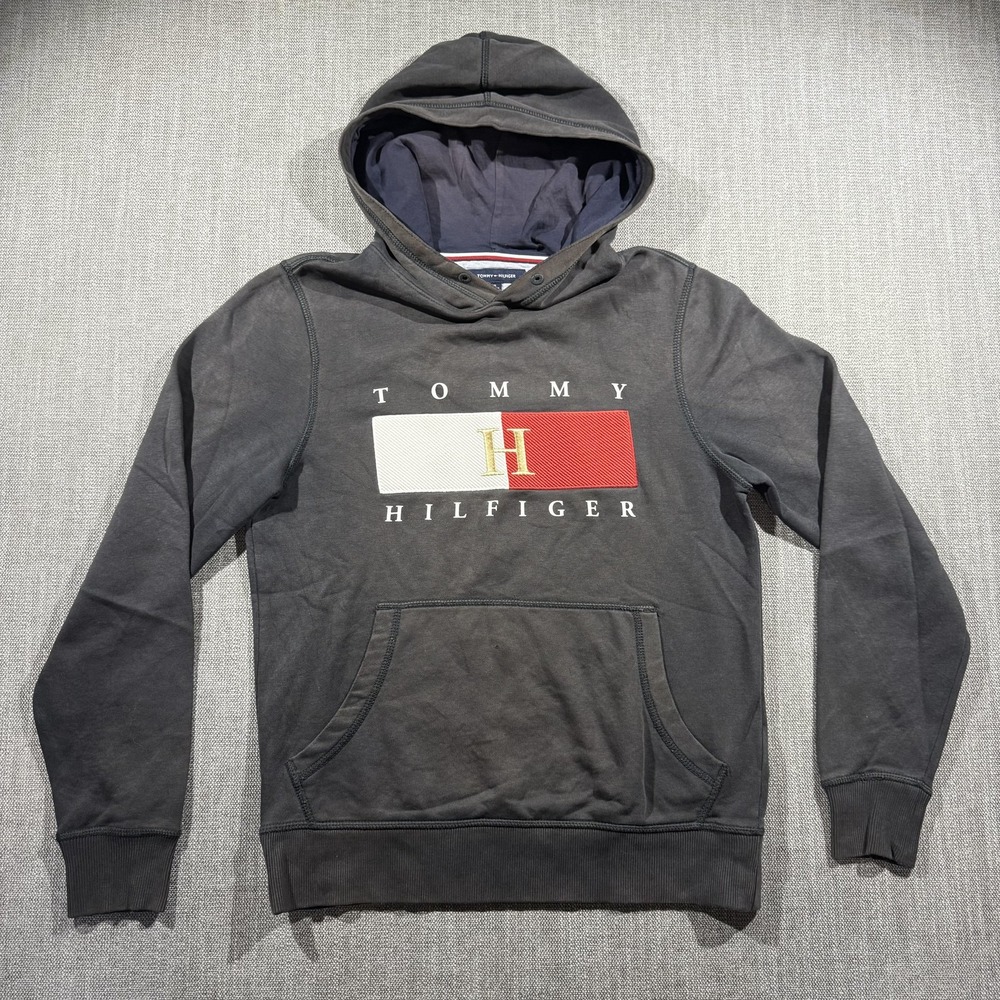 Tommy Hilfiger Hoodie Mens XS Gray Flag Logo Pullover Sweatshirt